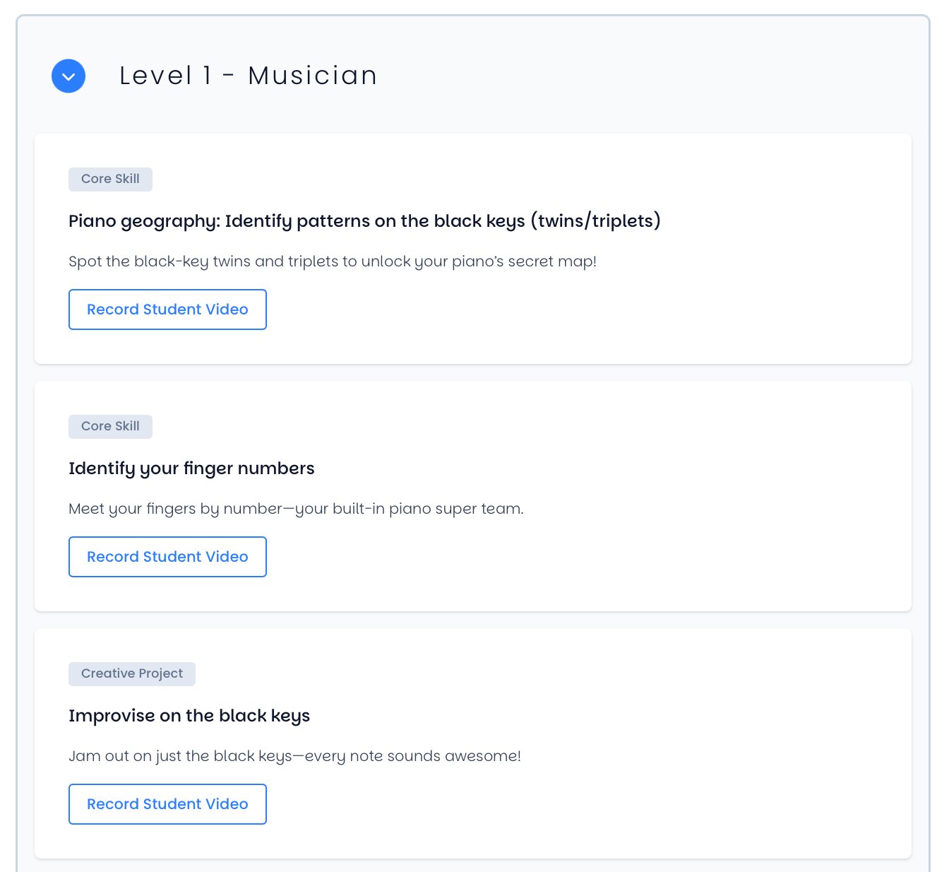 A Musician Quest level expanded to show its skills: piano geography, identifying finger numbers, and improvising on the black keys