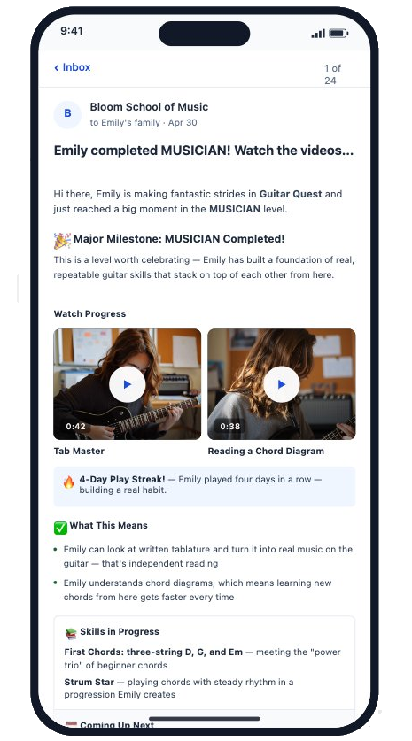 Phone showing a Musician Quest progress email from Bloom with performance videos, a milestone celebration, and what's coming up next