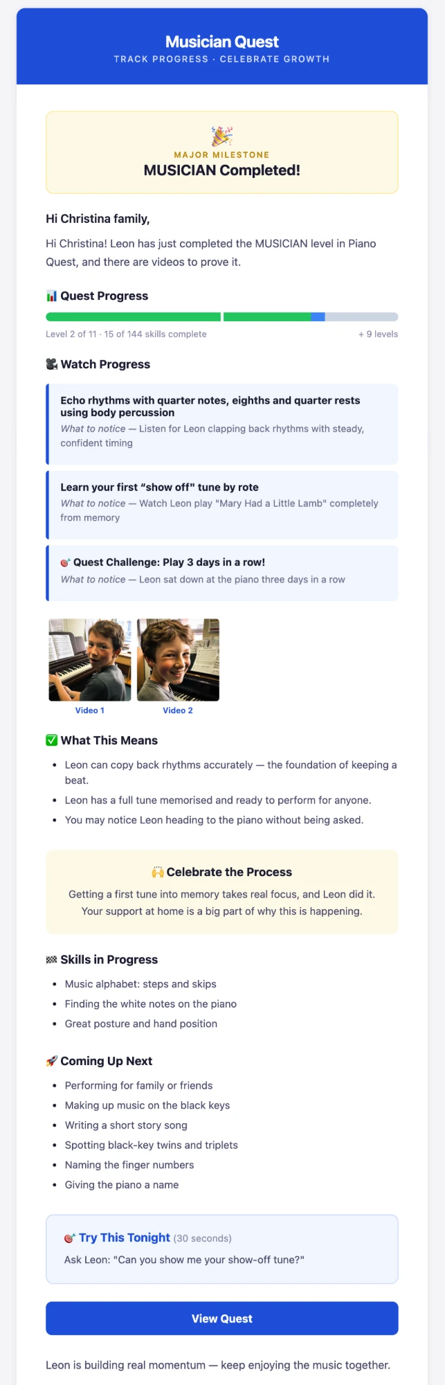A Musician Quest progress email from Bloom: a milestone celebration, quest progress bar, performance videos, what it means in plain language, and what's coming up next